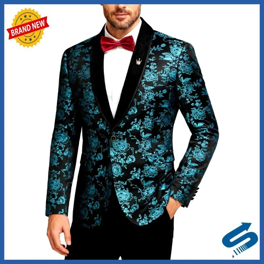 Men's Velvet Floral Blazer Shawl Lapel Tuxedo Jacket Formal Wear